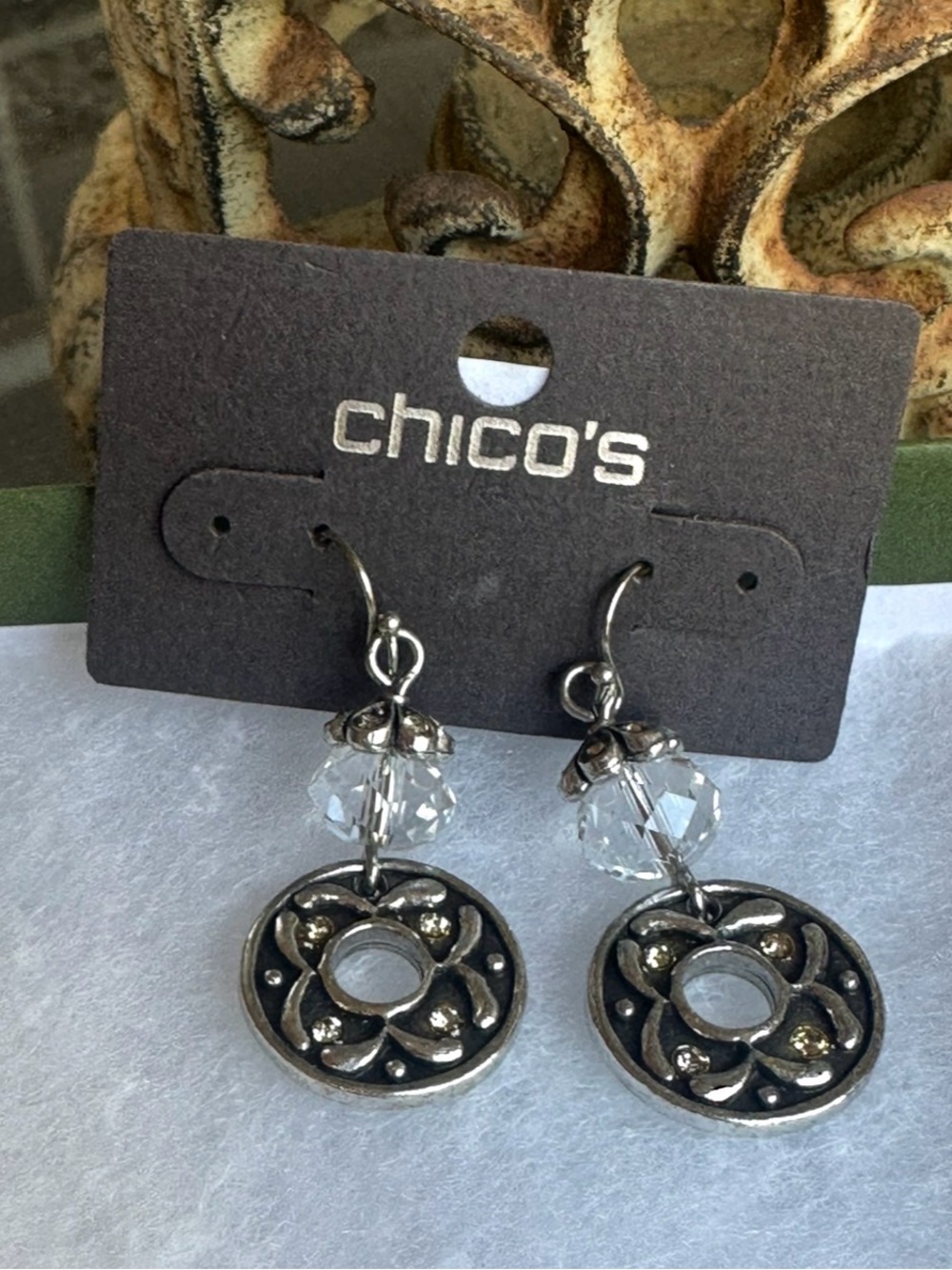Chico's Silver-Tone Floral Crystal Drop Earrings